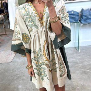 Zara Embroidered Linen Dress in Ecru